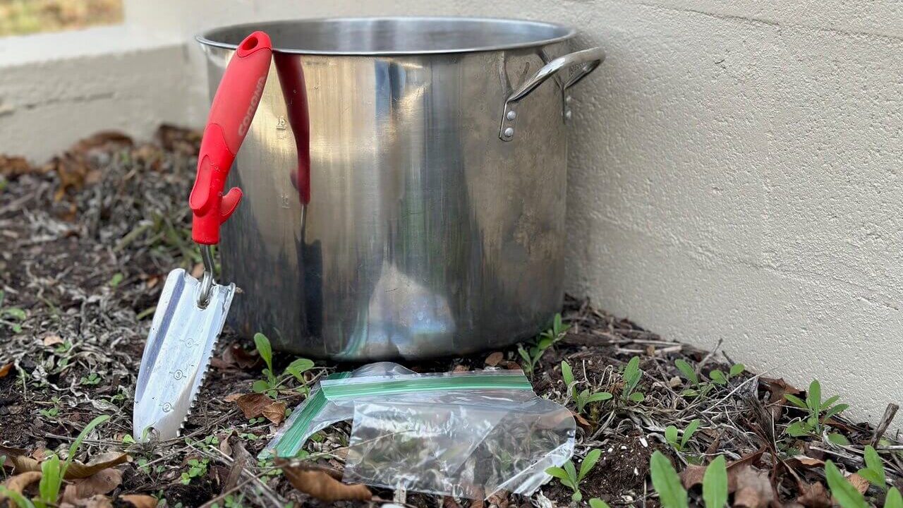 Materials needed for a garden soil test include a clean bucket, a hand shovel, and zipper baggies.