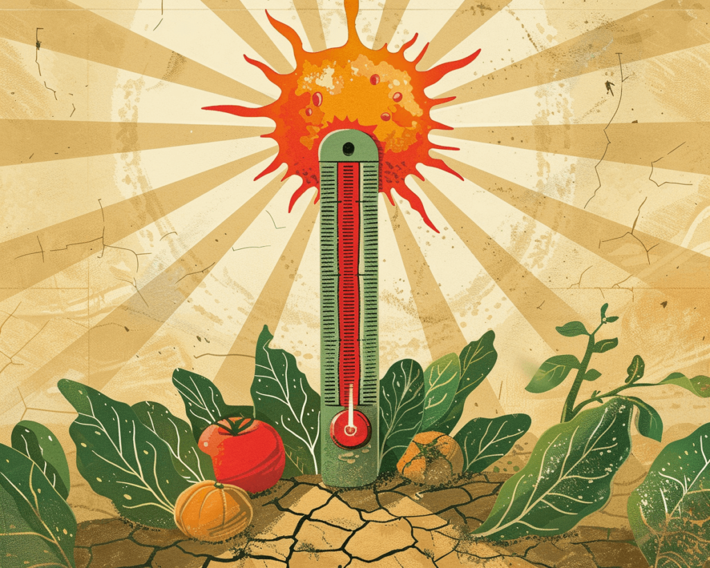 Illustration produced by MidJourney depicting vegetables in summer heat