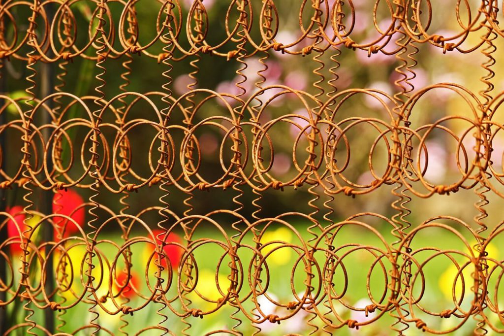 Old rusty bed springs add visual appeal as well as practicality when used as a small garden trellis. 